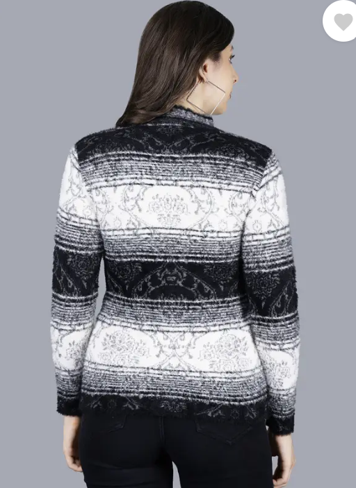 Women Self Design High Neck Black Sweater