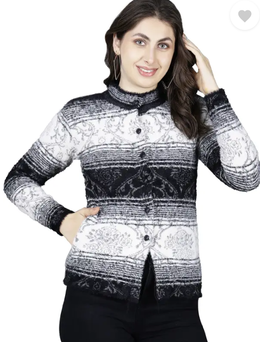 Women Self Design High Neck Black Sweater